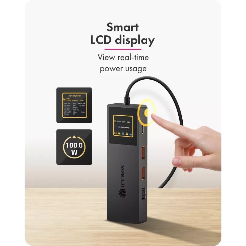 ICY BOX Spade Dock 4038, 7-in-1 DockingStation with LCD-Display and PD 100 W
