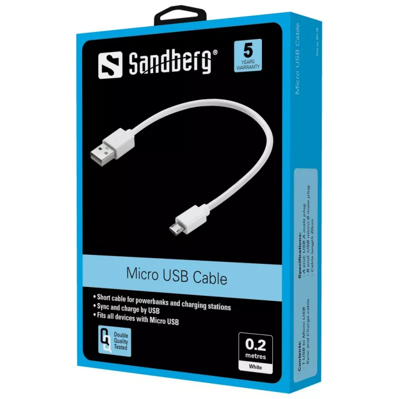 Sandberg MicroUSB Sync/ChargeCable 0.2m, 0.2 m, USB A, Micro-USB B, USB 2.0, White