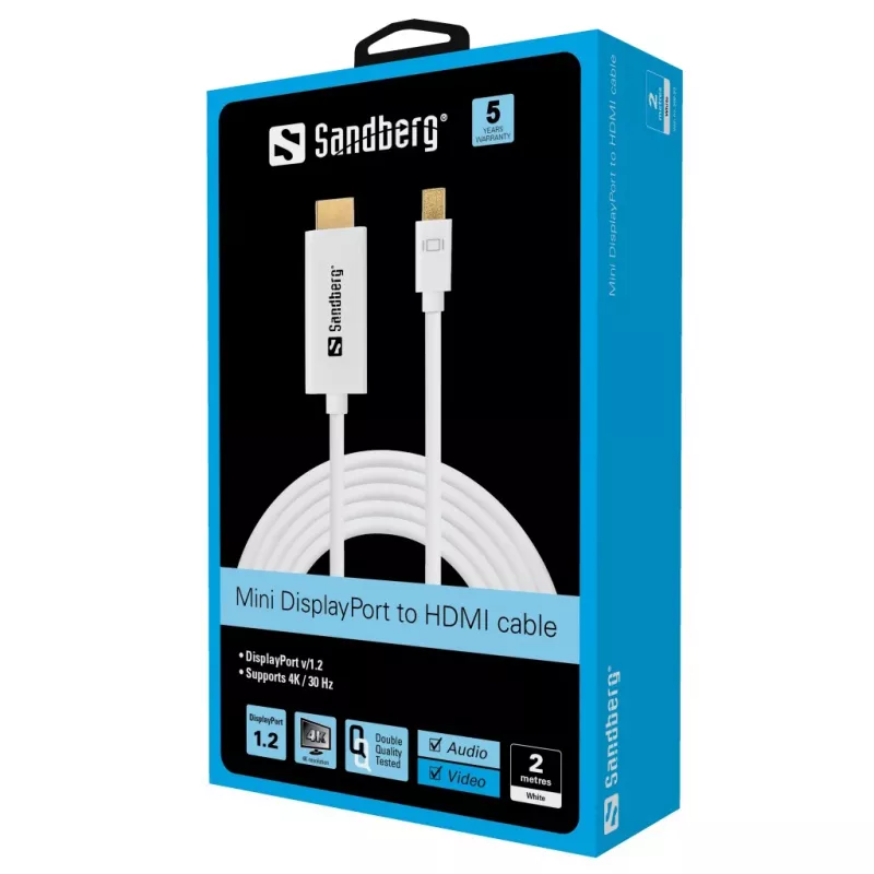 Sandberg MiniDP 1.2 > HDMI 4K 2m, 2 m, Mini DisplayPort, HDMI, Male, Male, White