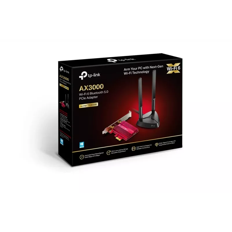 TP-Link AX3000 Wi-Fi 6 Bluetooth 5.0 PCIe Adapter, Internal, Wireless, PCI Express, WLAN / Bluetooth, 2402 Mbit/s, Black, Red
