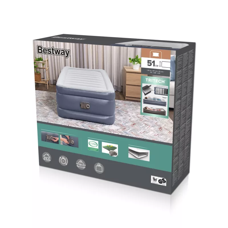 Bestway Tritech Air Mattress Twin with Built-in AC Pump and Antimicrobial Coating 1.91 m x 97 cm x 51 cm