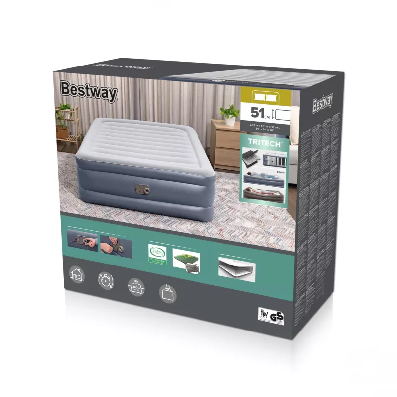 Bestway Tritech Air Mattress Queen with Built-in AC Pump and Antimicrobial Coating 2.03 m x 1.52 m x 51 cm