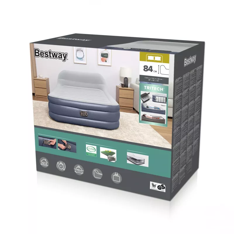 Bestway Tritech SleekFlow Headboard Air Mattress Queen with Built-in AC Pump and Antimicrobial Coating 2.26 m x 1.52 m x 84 cm
