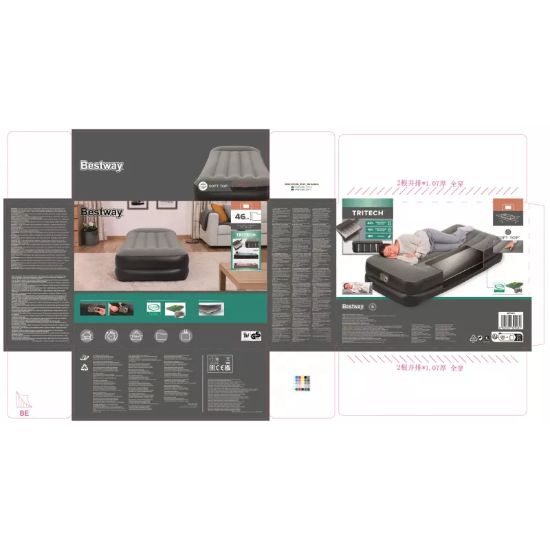 Bestway Tritech Air Mattress Twin with Built-in AC Pump and Antimicrobial Coating 1.91 m x 97 cm x 46 cm