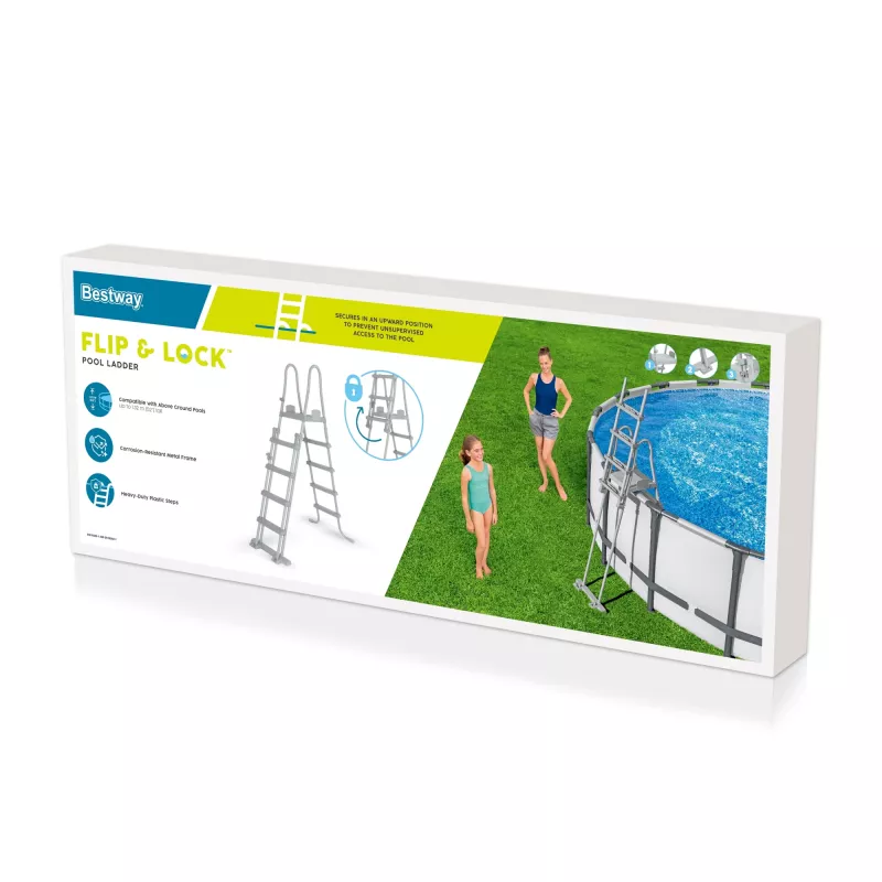 Bestway Flip & Lock Above Ground Pool Ladder 1.32 m, Ladder, Grey, Metal, Plastic, 150 kg, 4 steps, EN16582
