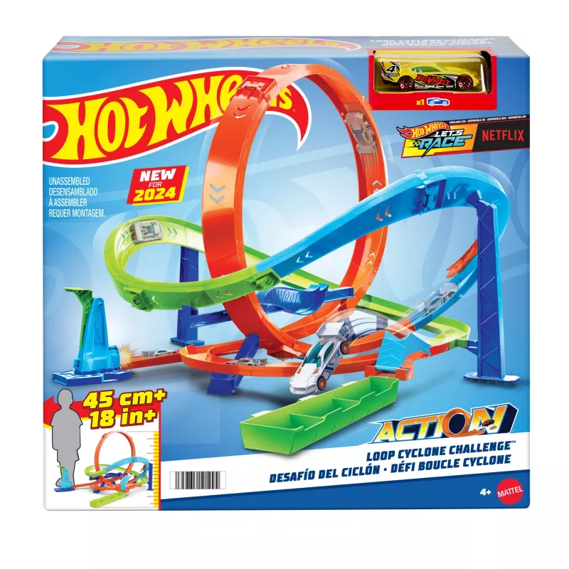 Hot Wheels Action Loop Cyclone Challenge Track Set with 1:64 Scale Toy Car, Easy Storage