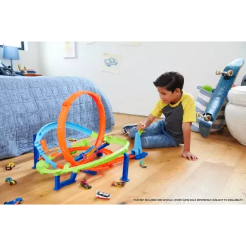 Hot Wheels Action Loop Cyclone Challenge Track Set with 1:64 Scale Toy Car, Easy Storage