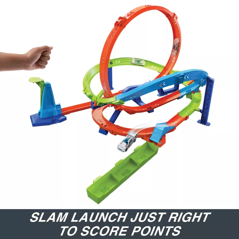 Hot Wheels Action Loop Cyclone Challenge Track Set with 1:64 Scale Toy Car, Easy Storage
