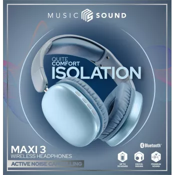 Music Sound MAXI3 MAXI3 wireless over-ear headphones with Active Noise Cancelling: immersive and distraction-free listening experience, up to 35 hours of battery life. Modern design, comfort, style and powerful, revolutionary sound.