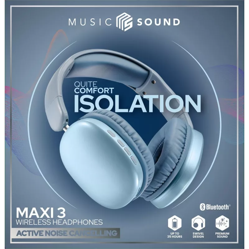 Music Sound MAXI3 MAXI3 wireless over-ear headphones with Active Noise Cancelling: immersive and distraction-free listening experience, up to 35 hours of battery life. Modern design, comfort, style and powerful, revolutionary sound.