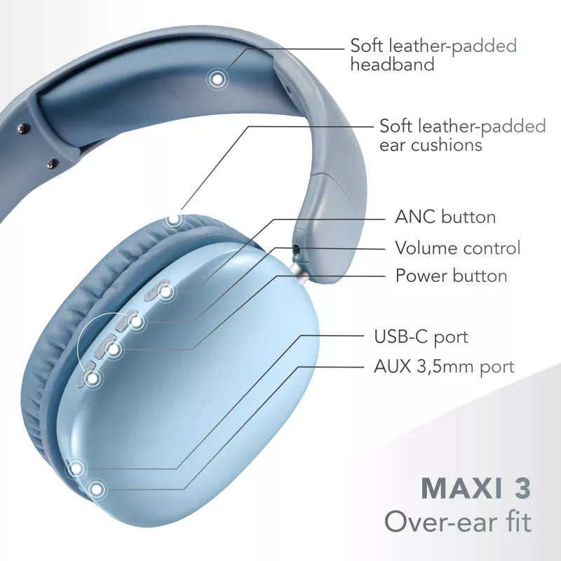 Music Sound MAXI3 MAXI3 wireless over-ear headphones with Active Noise Cancelling: immersive and distraction-free listening experience, up to 35 hours of battery life. Modern design, comfort, style and powerful, revolutionary sound.