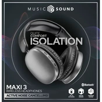 Music Sound MAXI3 MAXI3 wireless over-ear headphones with Active Noise Cancelling: immersive and distraction-free listening experience, up to 35 hours of battery life. Modern design, comfort, style and powerful, revolutionary sound.