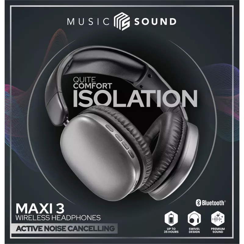 Music Sound MAXI3 MAXI3 wireless over-ear headphones with Active Noise Cancelling: immersive and distraction-free listening experience, up to 35 hours of battery life. Modern design, comfort, style and powerful, revolutionary sound.