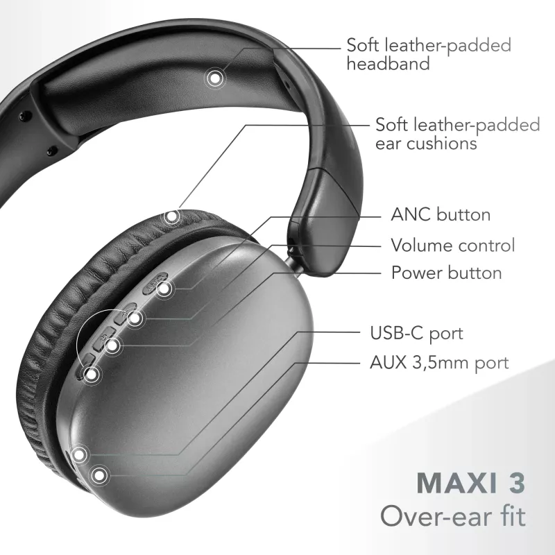 Music Sound MAXI3 MAXI3 wireless over-ear headphones with Active Noise Cancelling: immersive and distraction-free listening experience, up to 35 hours of battery life. Modern design, comfort, style and powerful, revolutionary sound.
