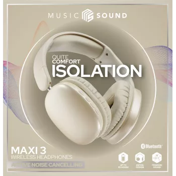 Music Sound MAXI3 MAXI3 wireless over-ear headphones with Active Noise Cancelling: immersive and distraction-free listening experience, up to 35 hours of battery life. Modern design, comfort, style and powerful, revolutionary sound.
