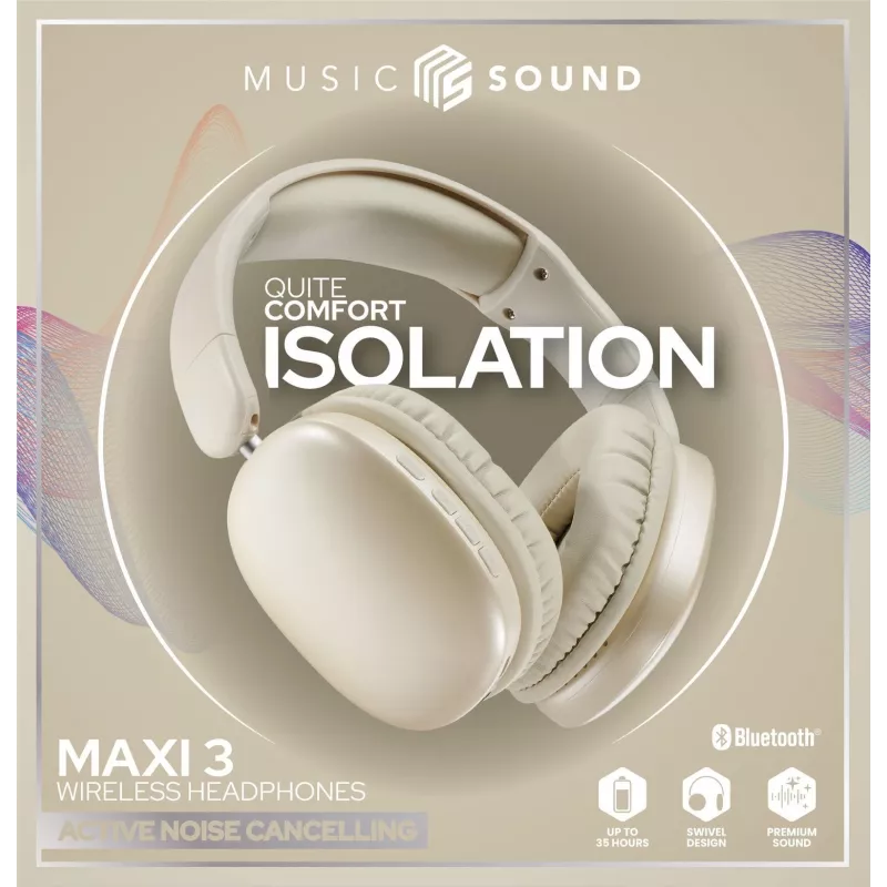 Music Sound MAXI3 MAXI3 wireless over-ear headphones with Active Noise Cancelling: immersive and distraction-free listening experience, up to 35 hours of battery life. Modern design, comfort, style and powerful, revolutionary sound.