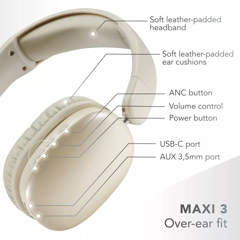Music Sound MAXI3 MAXI3 wireless over-ear headphones with Active Noise Cancelling: immersive and distraction-free listening experience, up to 35 hours of battery life. Modern design, comfort, style and powerful, revolutionary sound.