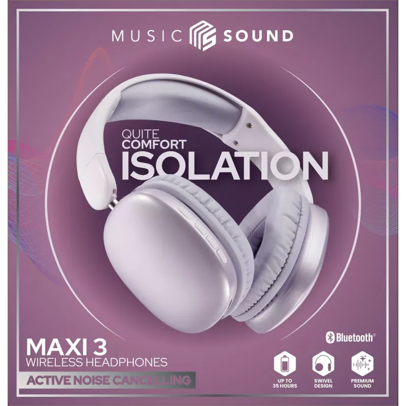 Music Sound MAXI3 MAXI3 wireless over-ear headphones with Active Noise Cancelling: immersive and distraction-free listening experience, up to 35 hours of battery life. Modern design, comfort, style and powerful, revolutionary sound.