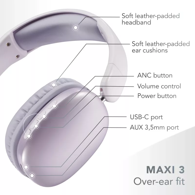 Music Sound MAXI3 MAXI3 wireless over-ear headphones with Active Noise Cancelling: immersive and distraction-free listening experience, up to 35 hours of battery life. Modern design, comfort, style and powerful, revolutionary sound.