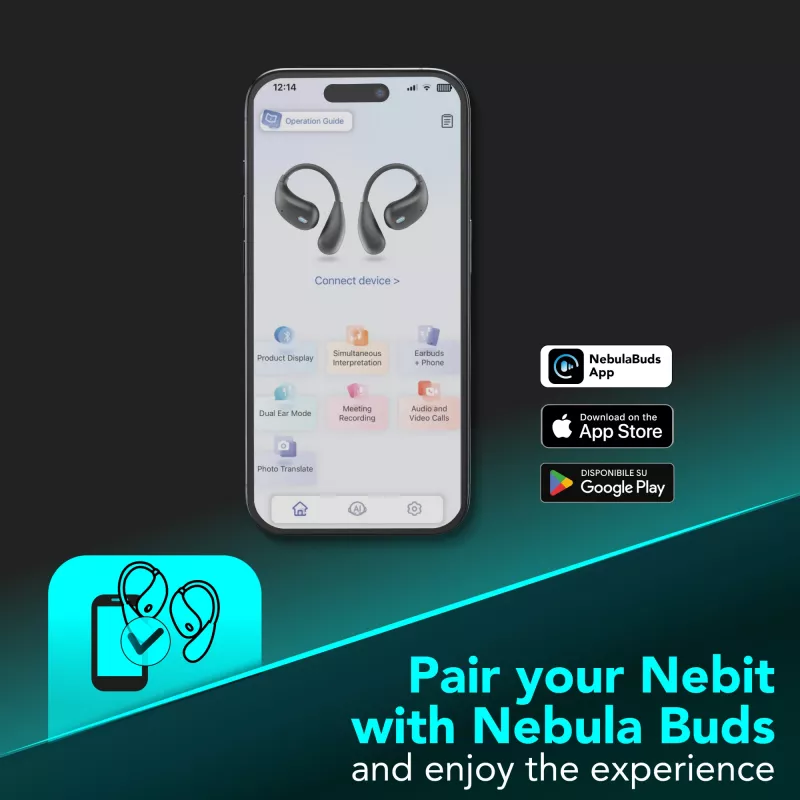 Cellularline Nebit – TWS Translator NEBIT TWS earbuds with real-time translation functionality. Elegant and intelligent, designed to break language barriers and support instant communication and transcription.