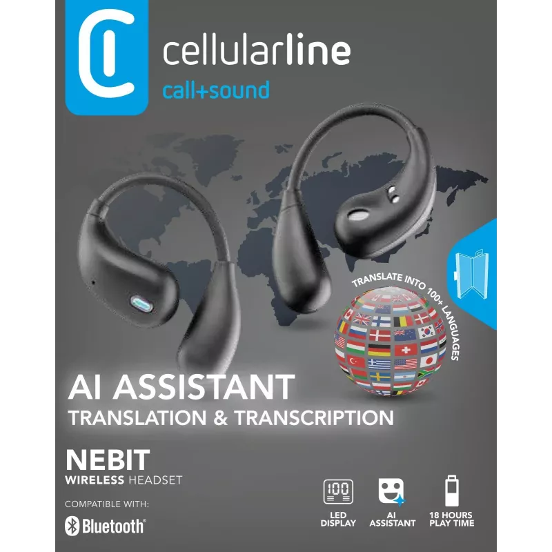 Cellularline Nebit – TWS Translator NEBIT TWS earbuds with real-time translation functionality. Elegant and intelligent, designed to break language barriers and support instant communication and transcription.