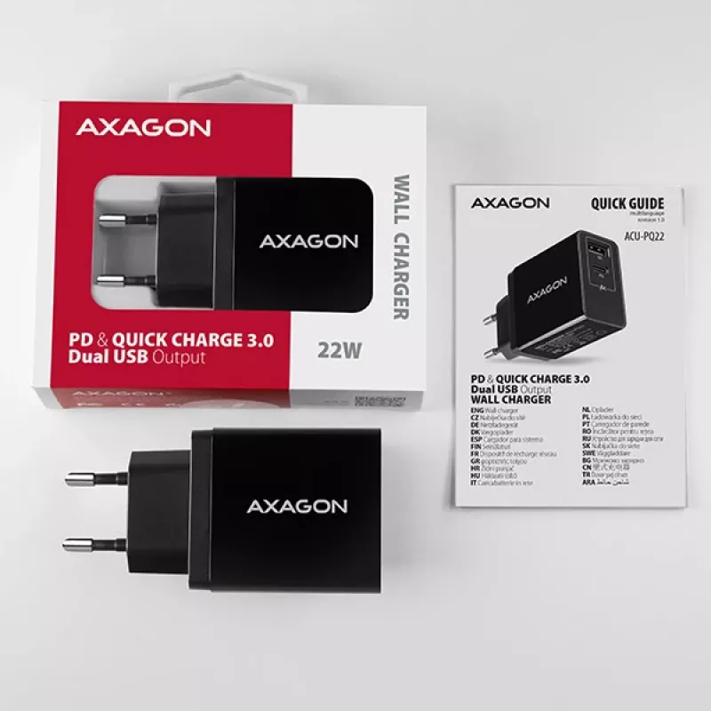 Axagon ACU-PQ22 mobile device charger Mobile phone, Power bank, Smartphone, Smartwatch, Tablet, Universal Black AC Fast charging Indoor