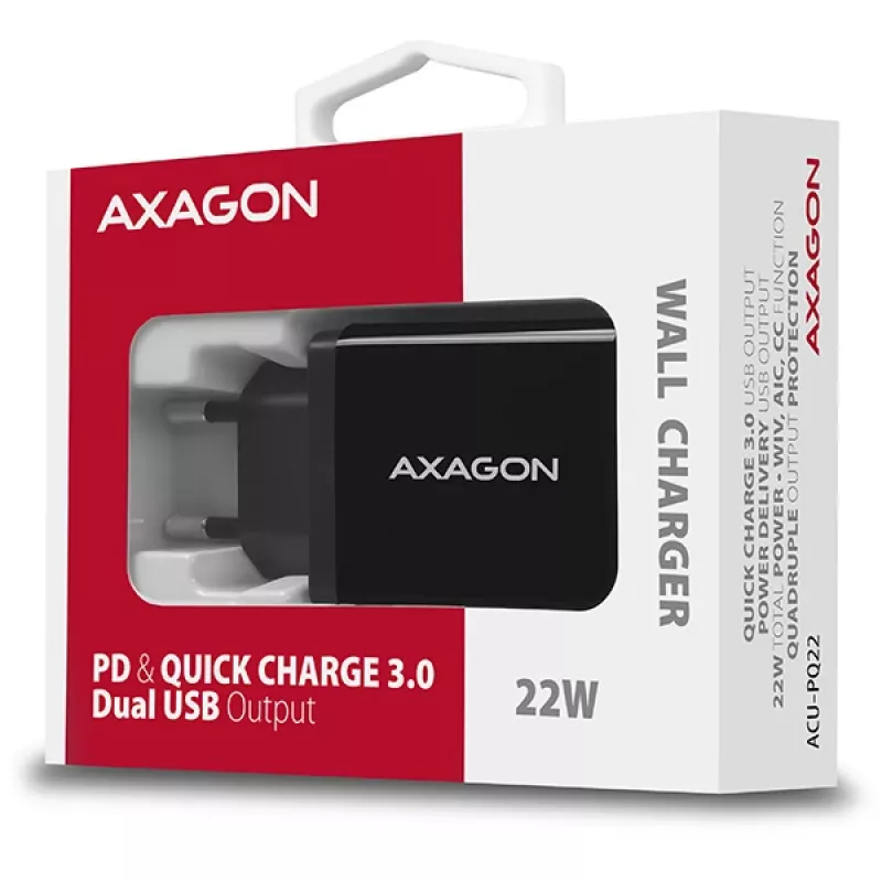 Axagon ACU-PQ22 mobile device charger Mobile phone, Power bank, Smartphone, Smartwatch, Tablet, Universal Black AC Fast charging Indoor