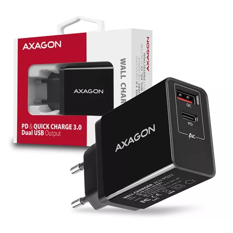 Axagon ACU-PQ22 mobile device charger Mobile phone, Power bank, Smartphone, Smartwatch, Tablet, Universal Black AC Fast charging Indoor