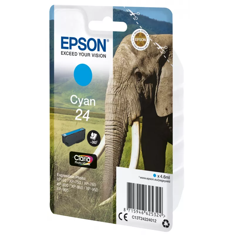 Epson Elephant Singlepack Cyan 24 Claria Photo HD Ink, Cyan, 4.6 ml, 1 pc(s), 360 pages
