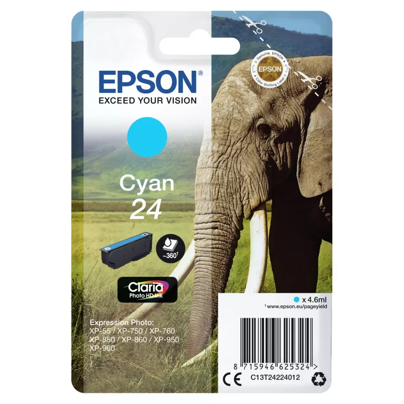 Epson Elephant Singlepack Cyan 24 Claria Photo HD Ink, Cyan, 4.6 ml, 1 pc(s), 360 pages
