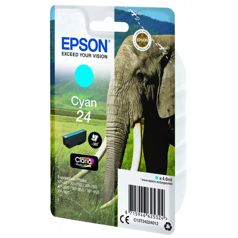 Epson Elephant Singlepack Cyan 24 Claria Photo HD Ink, Cyan, 4.6 ml, 1 pc(s), 360 pages