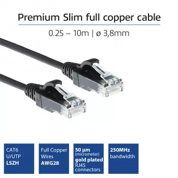 ACT Black 0.5 meter LSZH U/UTP CAT6 datacenter slimline patch cable snagless with RJ45 connectors