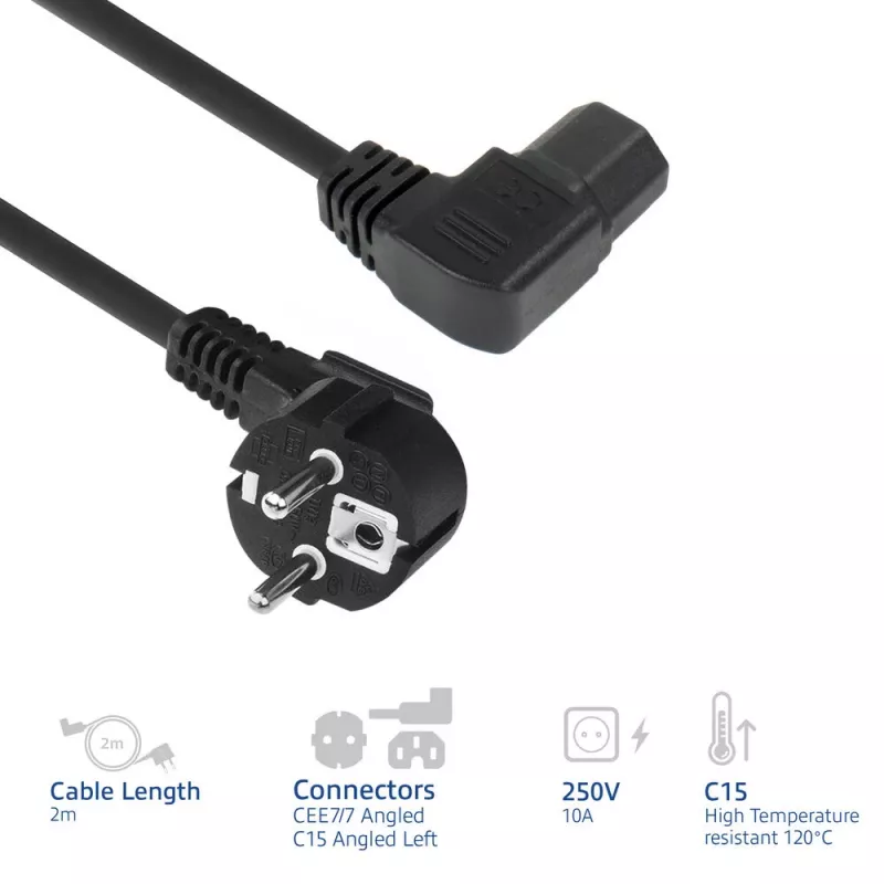 ACT Powercord mains connector CEE7/7 male (angled) - C15 (angled left) IEC60320 black 2 m