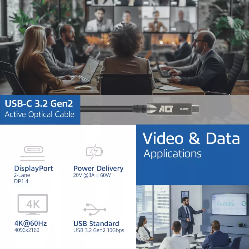 ACT USB-C 3.2 Gen2 Active Optical Cable (AOC), for touch panels, video, data, power, 3m