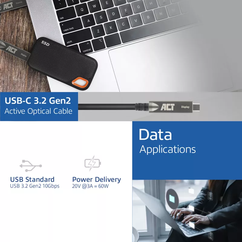 ACT USB-C 3.2 Gen2 Active Optical Cable (AOC), for touch panels, video, data, power, 3m