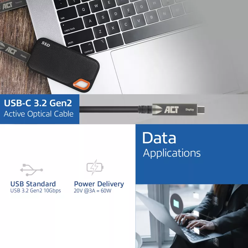 ACT USB-C 3.2 Gen2 Active Optical Cable (AOC), for touch panels, video, data, power, 7.5m