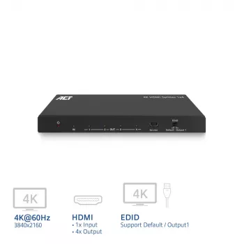 ACT 4K HDMI splitter, 1 in 4 out, EDID support, HDMI, 4x HDMI, 3840 x 2160 pixels, Black, 4K Ultra HD, 10.2 Gbit/s