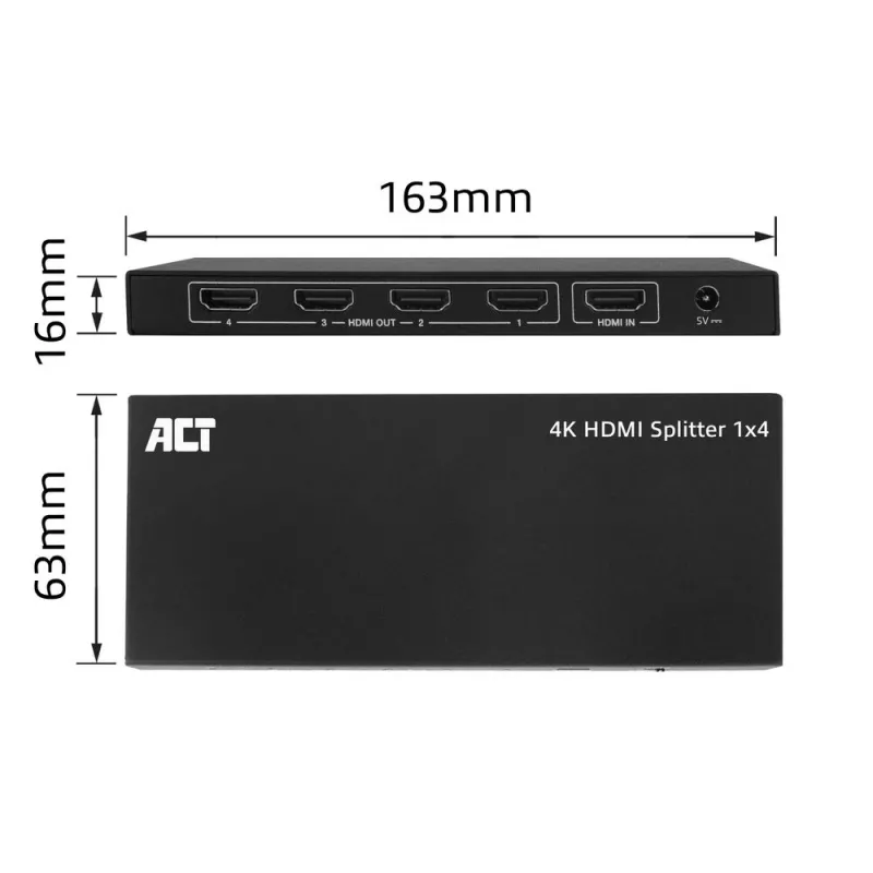 ACT 4K HDMI splitter, 1 in 4 out, EDID support, HDMI, 4x HDMI, 3840 x 2160 pixels, Black, 4K Ultra HD, 10.2 Gbit/s