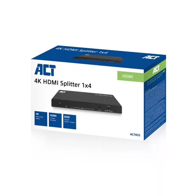 ACT 4K HDMI splitter, 1 in 4 out, EDID support, HDMI, 4x HDMI, 3840 x 2160 pixels, Black, 4K Ultra HD, 10.2 Gbit/s