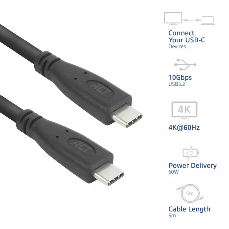 ACT AC7445 USB cable USB 3.2 Gen 2 (3.1 Gen 2) 5 m USB C 10 Gbit/s 60 W Black