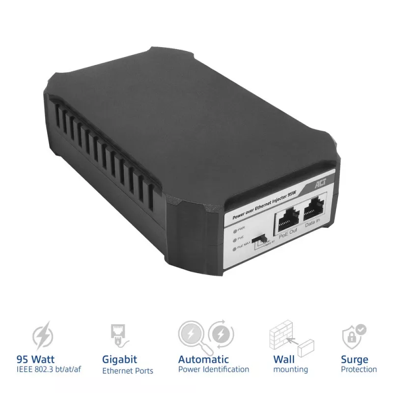 ACT PoE injector 95W IEEE 802.3bt, Gigabit Ethernet, 1000 Mbit/s, 10/100/1000, PoE++ (4PPoE), IEEE 802.3af, IEEE 802.3at, IEEE 802.3bt, Cat6a