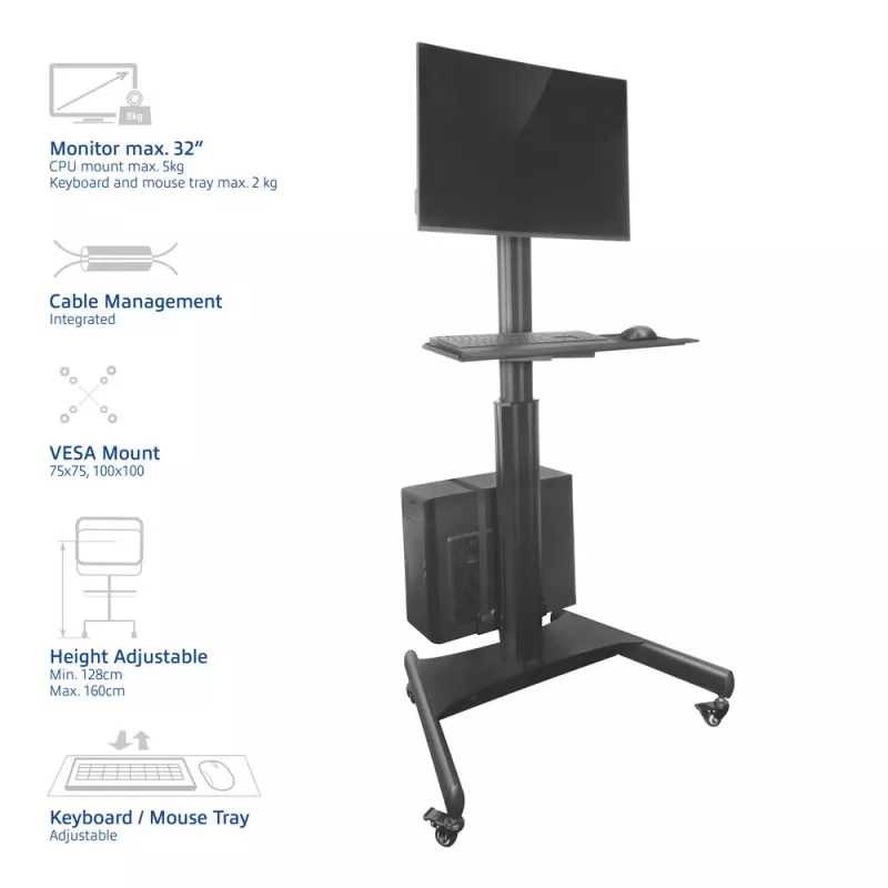 ACT Mobile Workstation for a single monitor, with CPU mount, keyboard and mouse tray