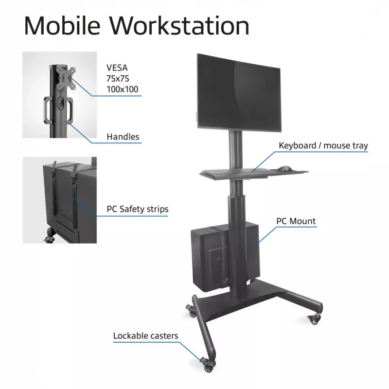 ACT Mobile Workstation for a single monitor, with CPU mount, keyboard and mouse tray