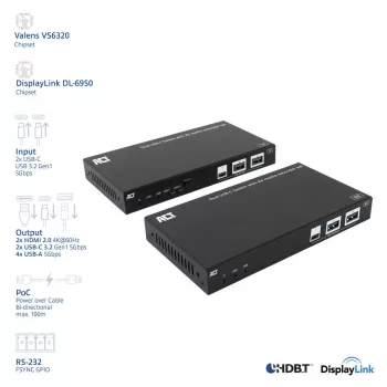 ACT AV media extender set with dual USB-C switch, CAT6A, 100 meters