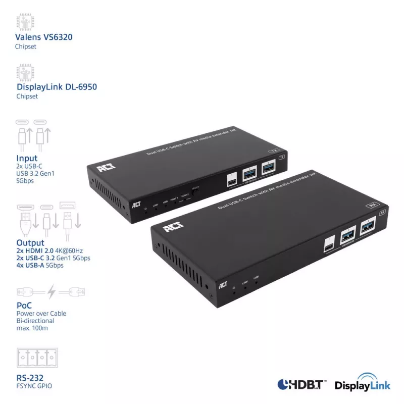 ACT AV media extender set with dual USB-C switch, CAT6A, 100 meters