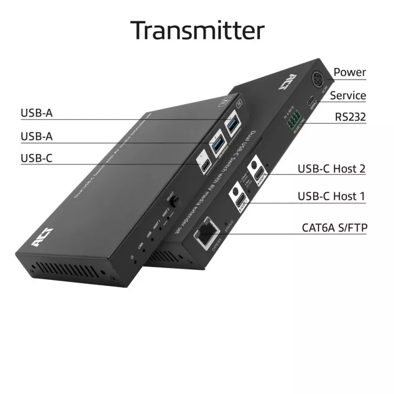 ACT AV media extender set with dual USB-C switch, CAT6A, 100 meters