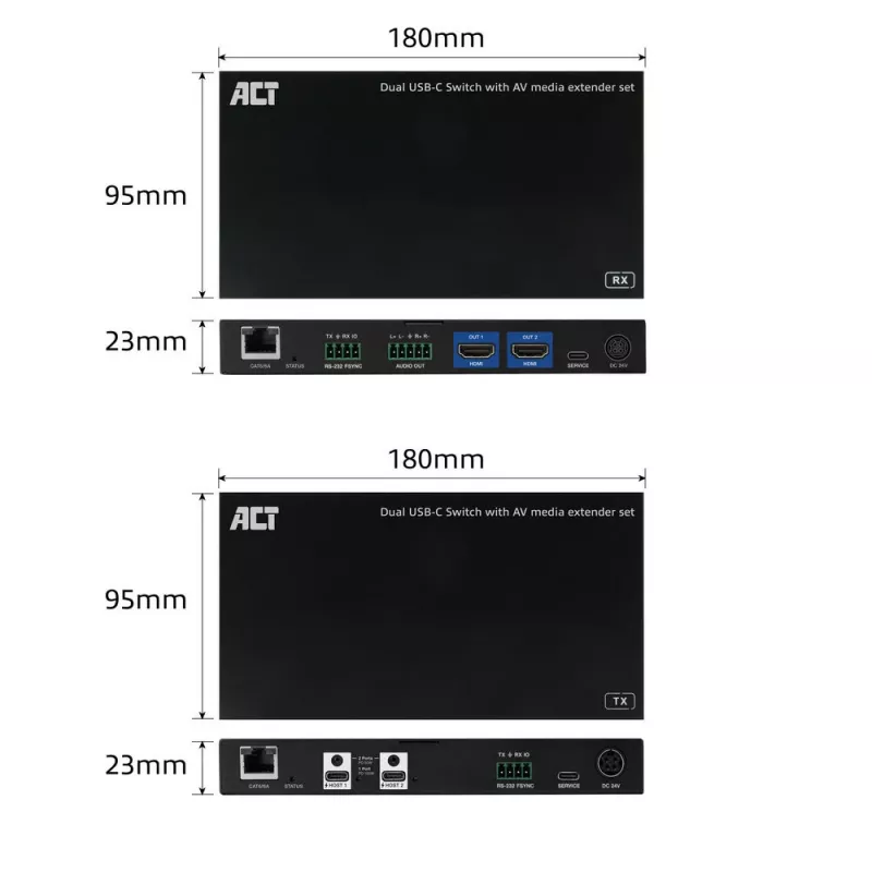 ACT AV media extender set with dual USB-C switch, CAT6A, 100 meters