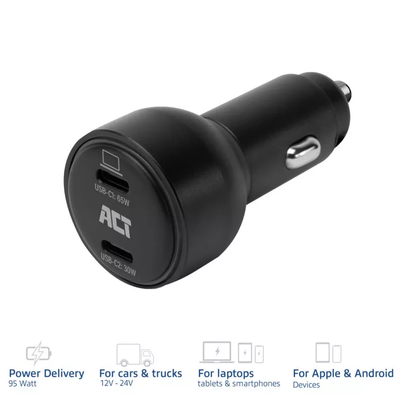 ACT 2-port USB-C Fast Car Charger 95W with Power Delivery PPS, Quick Charge and GaNFast