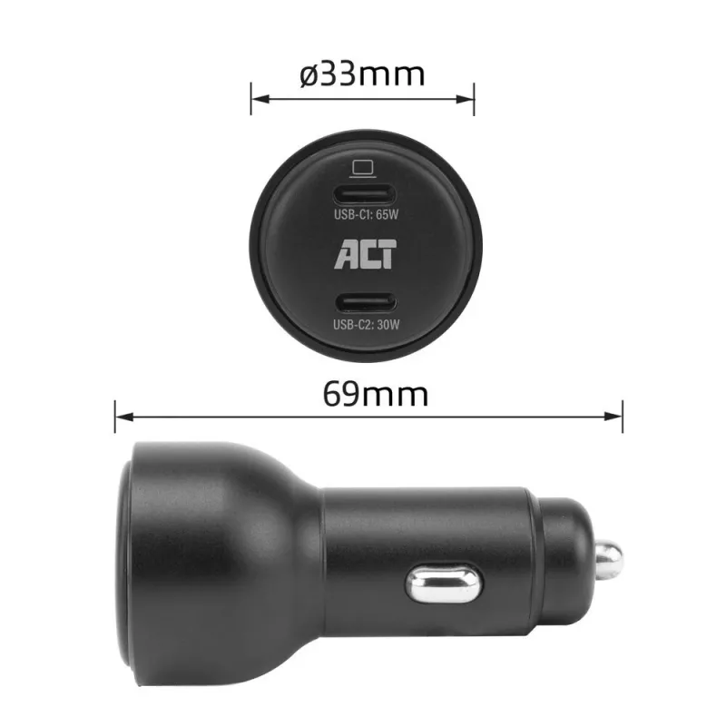 ACT 2-port USB-C Fast Car Charger 95W with Power Delivery PPS, Quick Charge and GaNFast