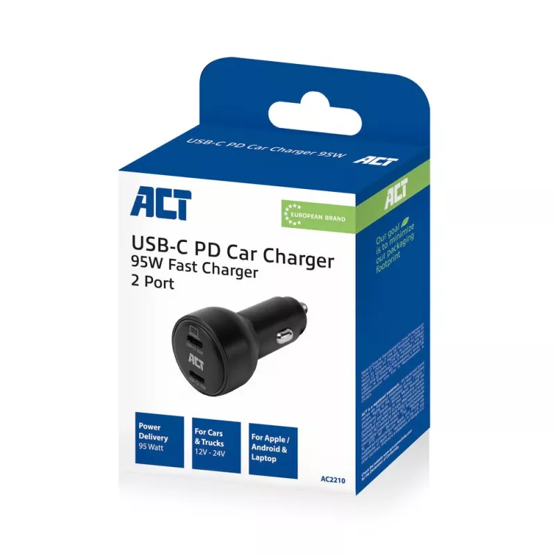 ACT 2-port USB-C Fast Car Charger 95W with Power Delivery PPS, Quick Charge and GaNFast